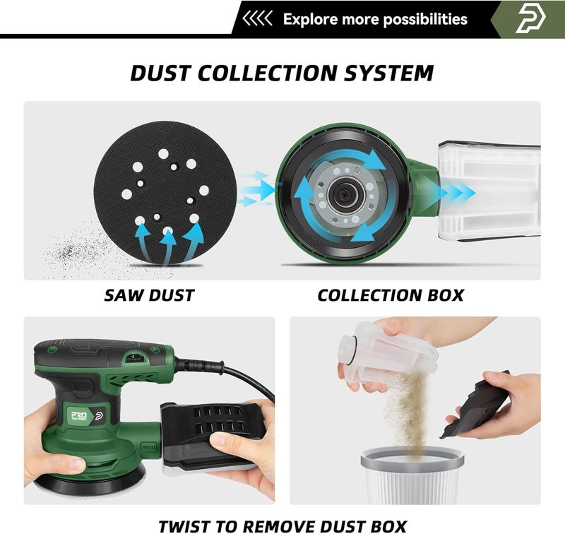 Prostormer 5-Inch Random Orbital Sander with 21PCS Sandpapers, 8000-13000RPM, 2.6AMP Palm Sander with 6 Variable Speeds, Dust Collection For Polishing, Sanding - Image 5